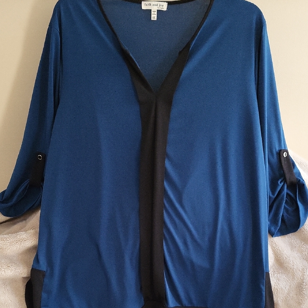 Faith and Joy Deep Blue Blouse with Black Trim